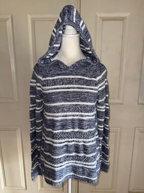 Tommy Bahama blue And White Striped Linen/Cotton Knit Hooded Pullover Sweater